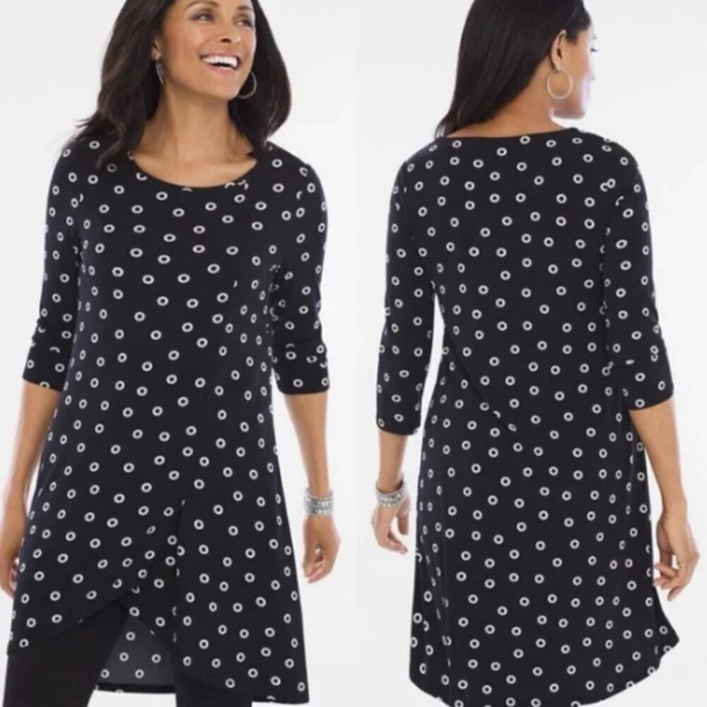 Chicos size Large/2 Circle Grommet Dot Print Asymmetrical High Low Tunic Shirt
